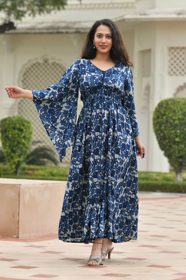 Blue Readymade Long Indo Western gown